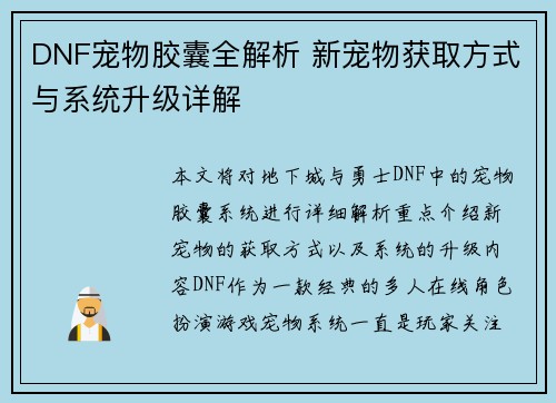 DNF宠物胶囊全解析 新宠物获取方式与系统升级详解