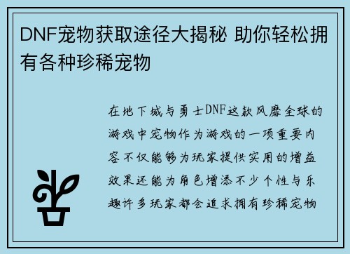 DNF宠物获取途径大揭秘 助你轻松拥有各种珍稀宠物